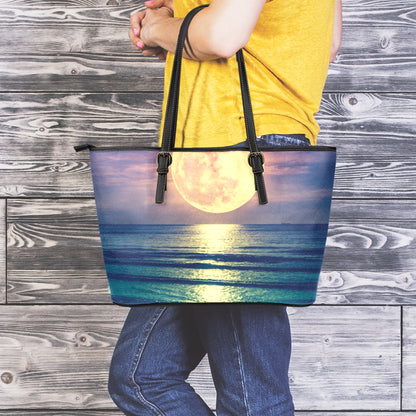 Moon Beach Print Leather Tote Bag
