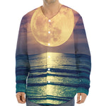 Moon Beach Print Long Sleeve Baseball Jersey