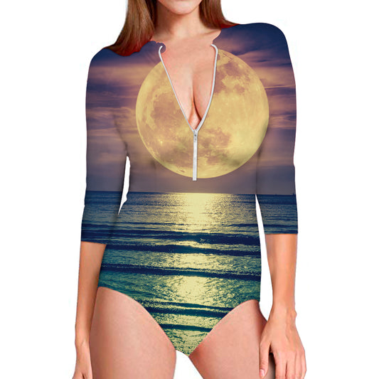 Moon Beach Print Long Sleeve Swimsuit