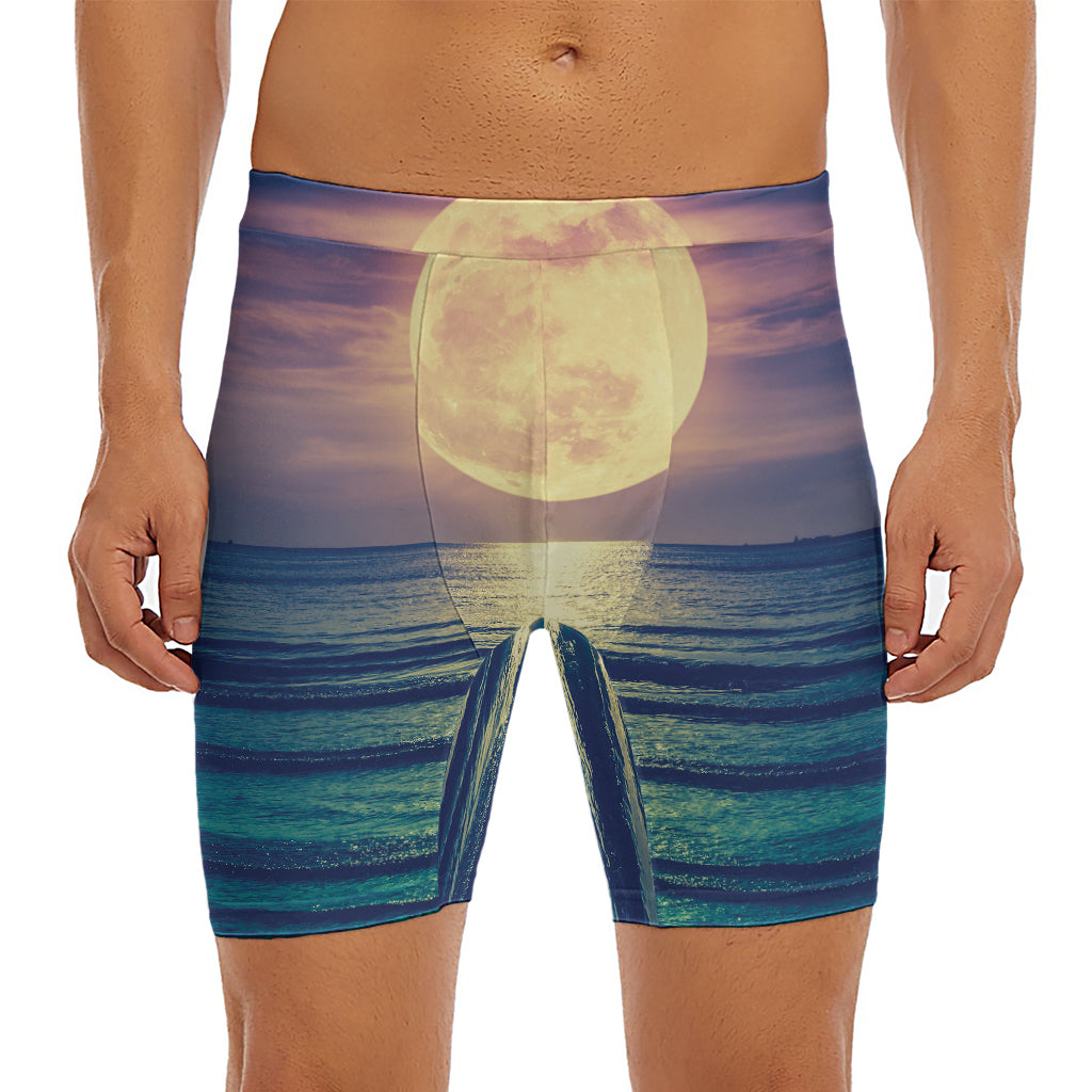 Moon Beach Print Men's Long Boxer Briefs
