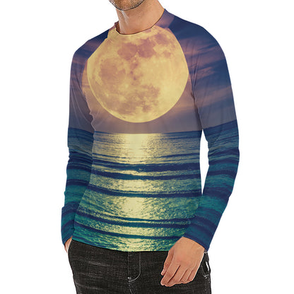 Moon Beach Print Men's Long Sleeve Rash Guard