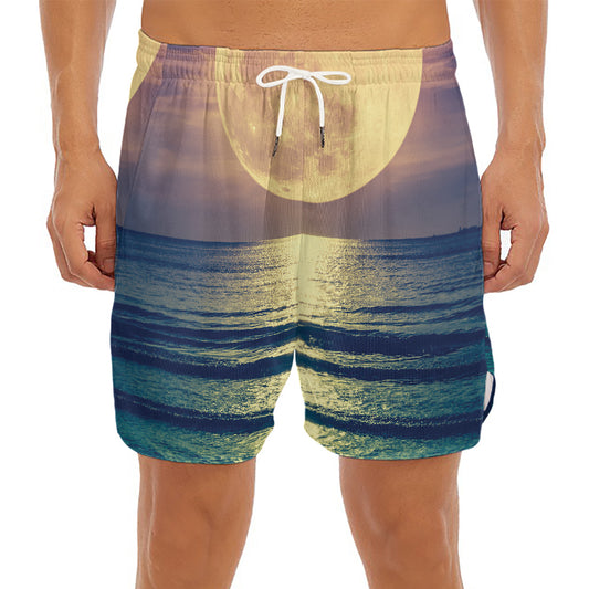 Moon Beach Print Men's Split Running Shorts