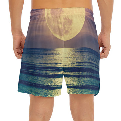 Moon Beach Print Men's Split Running Shorts
