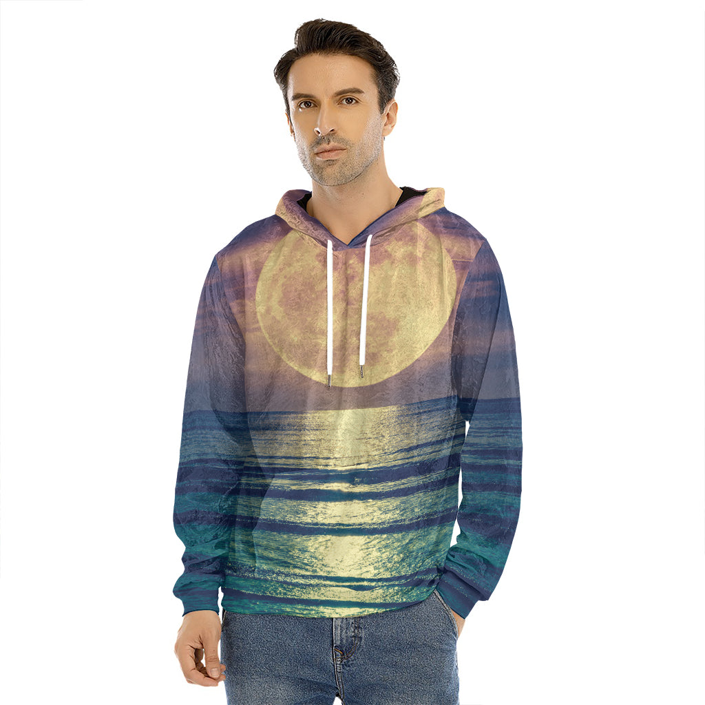 Moon Beach Print Men's Velvet Pullover Hoodie