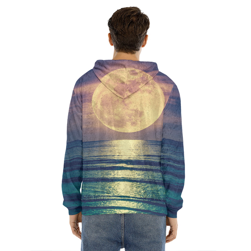 Moon Beach Print Men's Velvet Pullover Hoodie