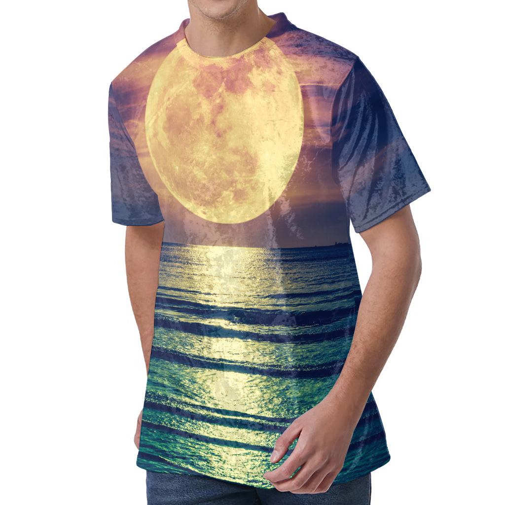 Moon Beach Print Men's Velvet T-Shirt