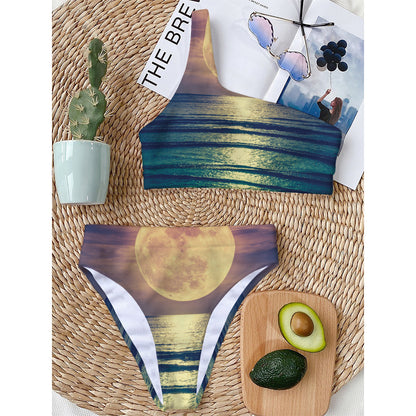 Moon Beach Print One Shoulder Bikini Top