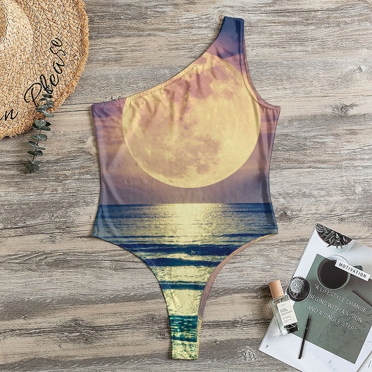 Moon Beach Print One Shoulder Bodysuit