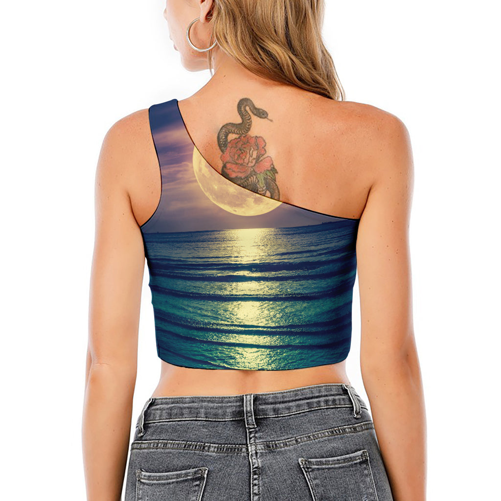 Moon Beach Print One Shoulder Crop Top