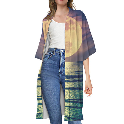 Moon Beach Print Open Front Beach Cover Up