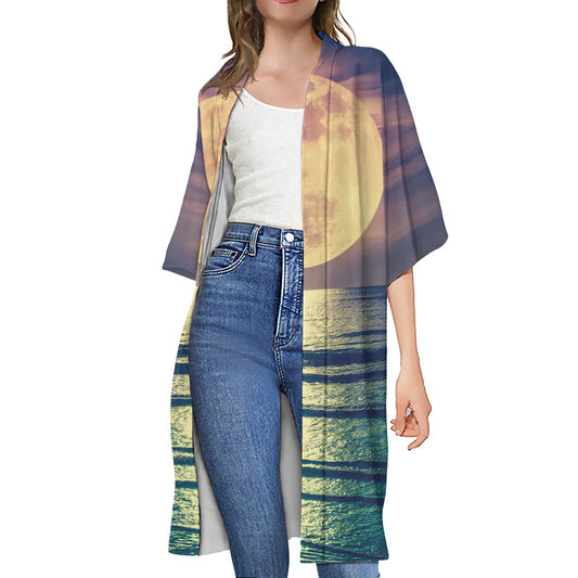 Moon Beach Print Open Front Beach Cover Up