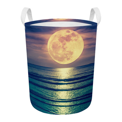 Moon Beach Print Round Laundry Basket