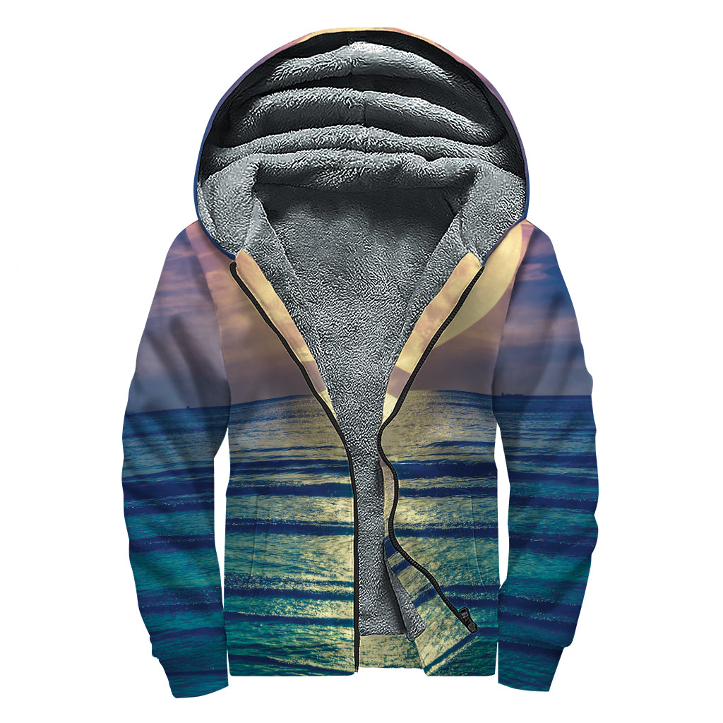 Moon Beach Print Sherpa Lined Zip Up Hoodie