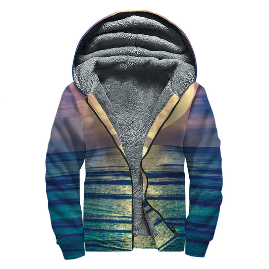 Moon Beach Print Sherpa Lined Zip Up Hoodie