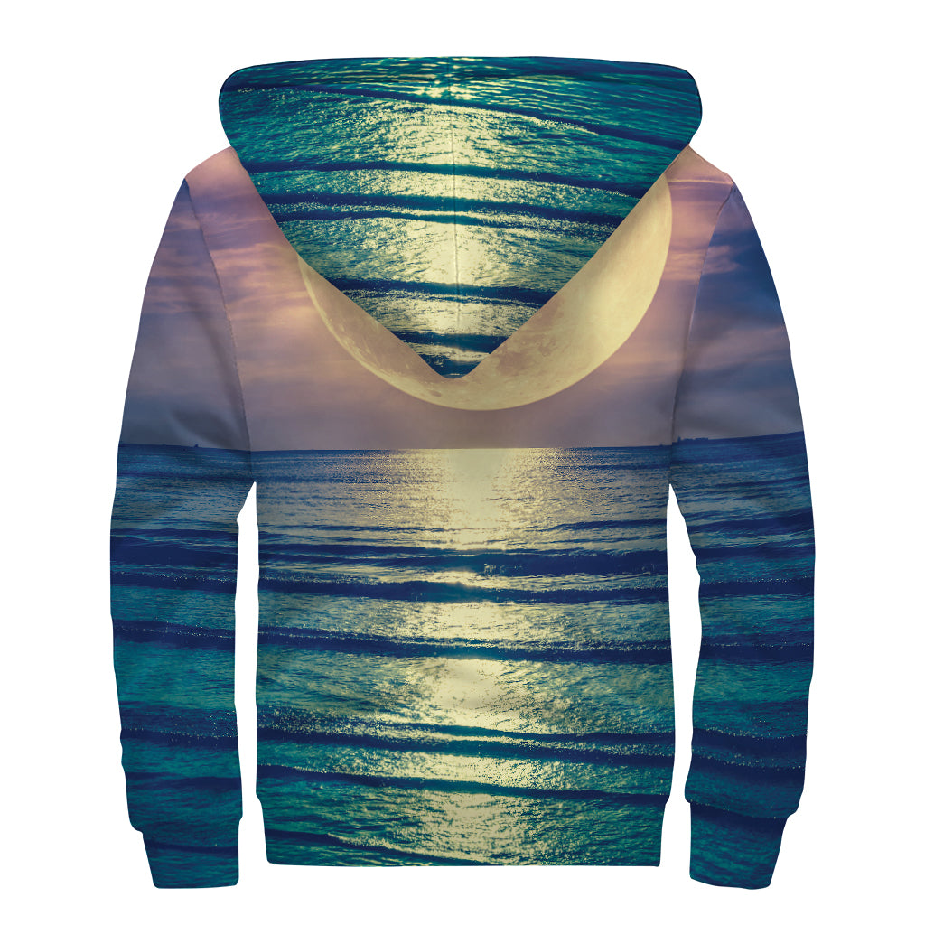 Moon Beach Print Sherpa Lined Zip Up Hoodie