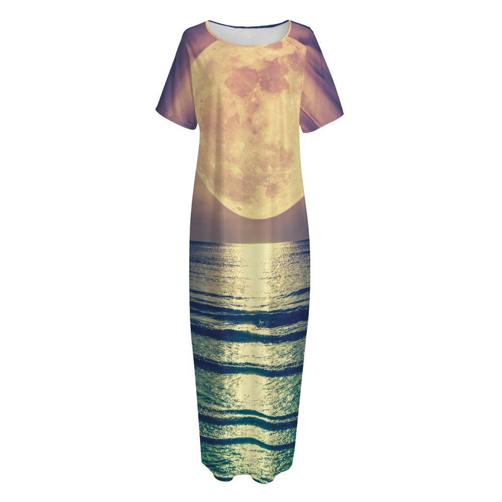 Moon Beach Print Short Sleeve Long Nightdress