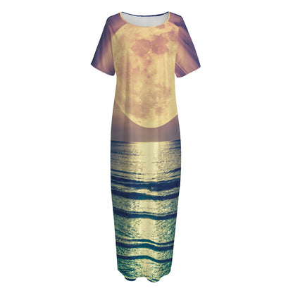 Moon Beach Print Short Sleeve Long Nightdress