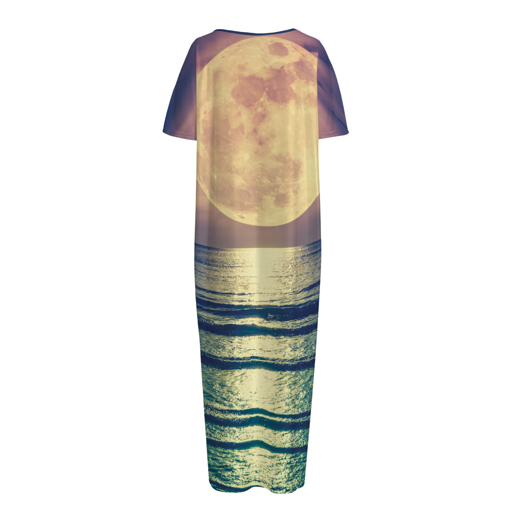 Moon Beach Print Short Sleeve Long Nightdress