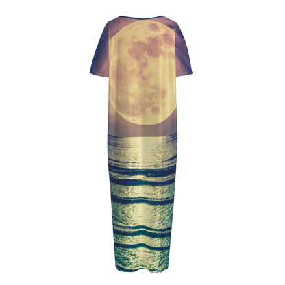 Moon Beach Print Short Sleeve Long Nightdress