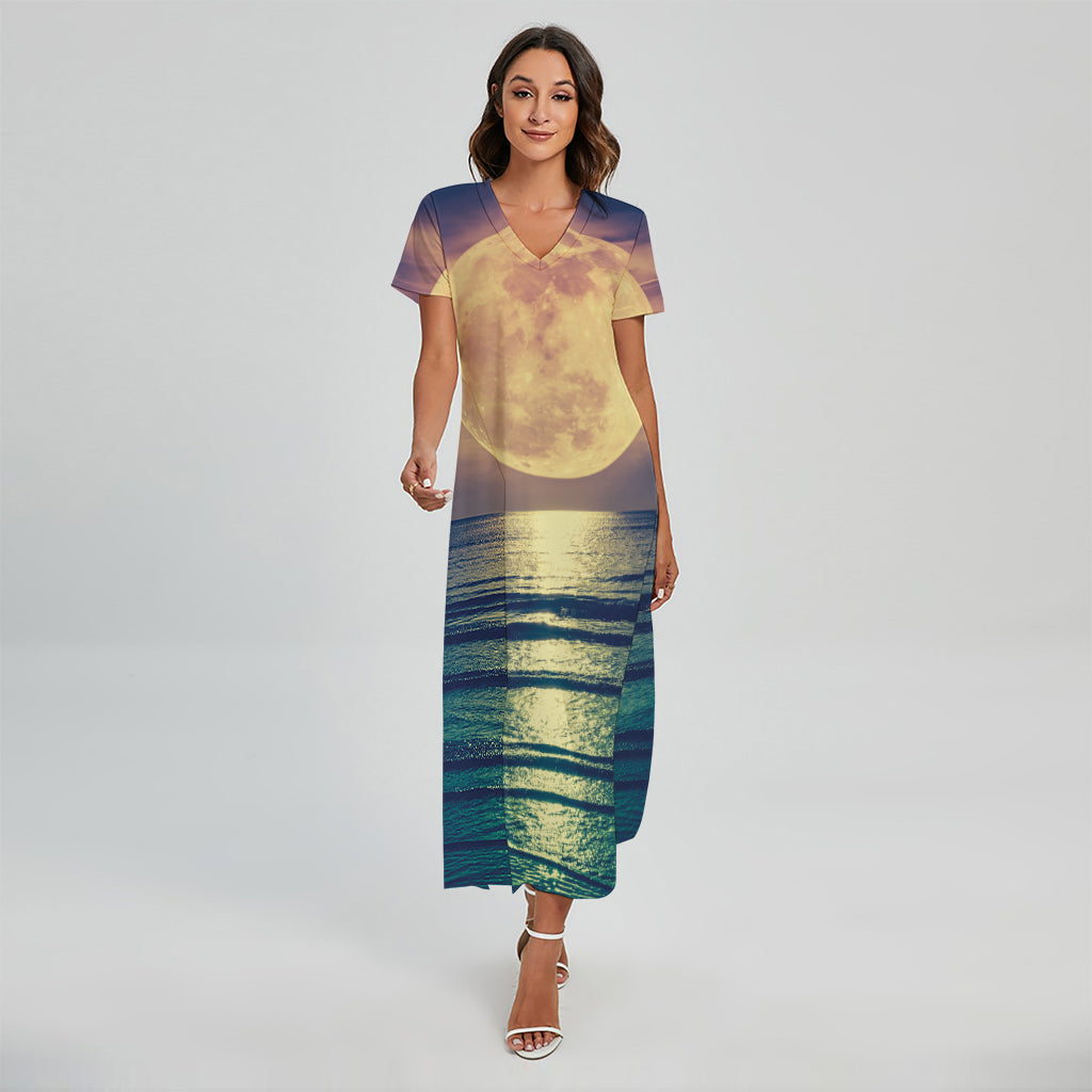 Moon Beach Print Short Sleeve Maxi Dress