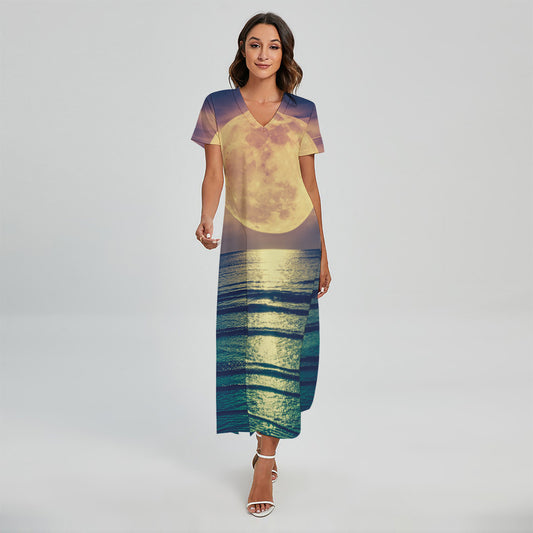 Moon Beach Print Short Sleeve Maxi Dress