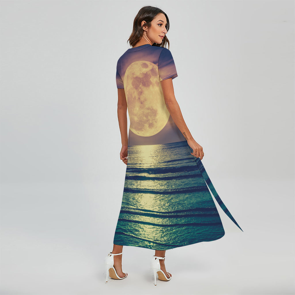 Moon Beach Print Short Sleeve Maxi Dress