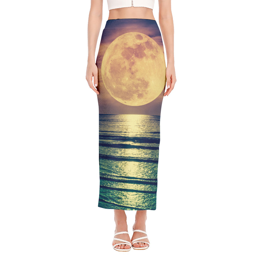 Moon Beach Print Side Slit Maxi Skirt