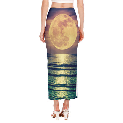 Moon Beach Print Side Slit Maxi Skirt