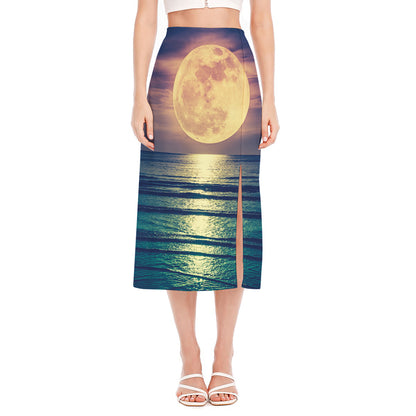 Moon Beach Print Side Slit Midi Skirt