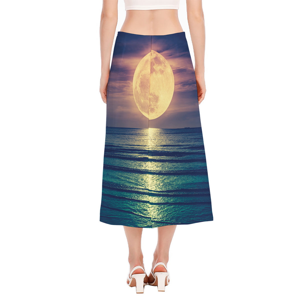 Moon Beach Print Side Slit Midi Skirt