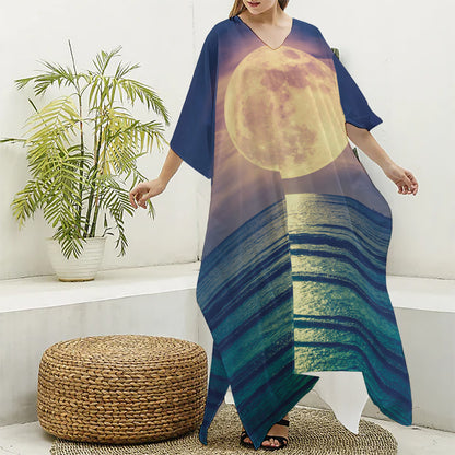 Moon Beach Print Silk V-Neck Kaftan Dress