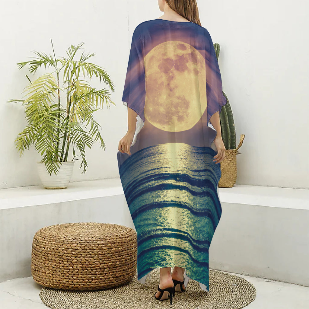 Moon Beach Print Silk V-Neck Kaftan Dress