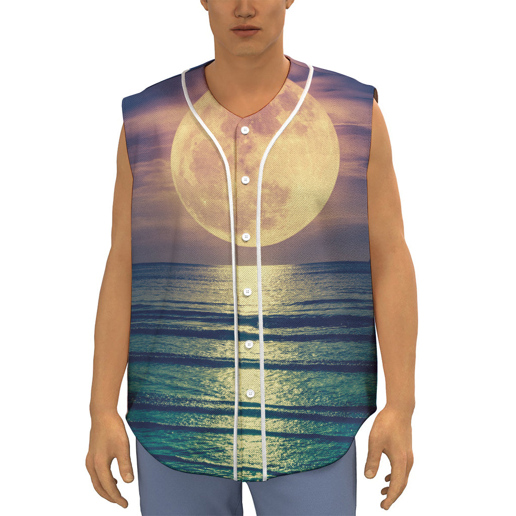 Moon Beach Print Sleeveless Baseball Jersey