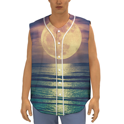 Moon Beach Print Sleeveless Baseball Jersey