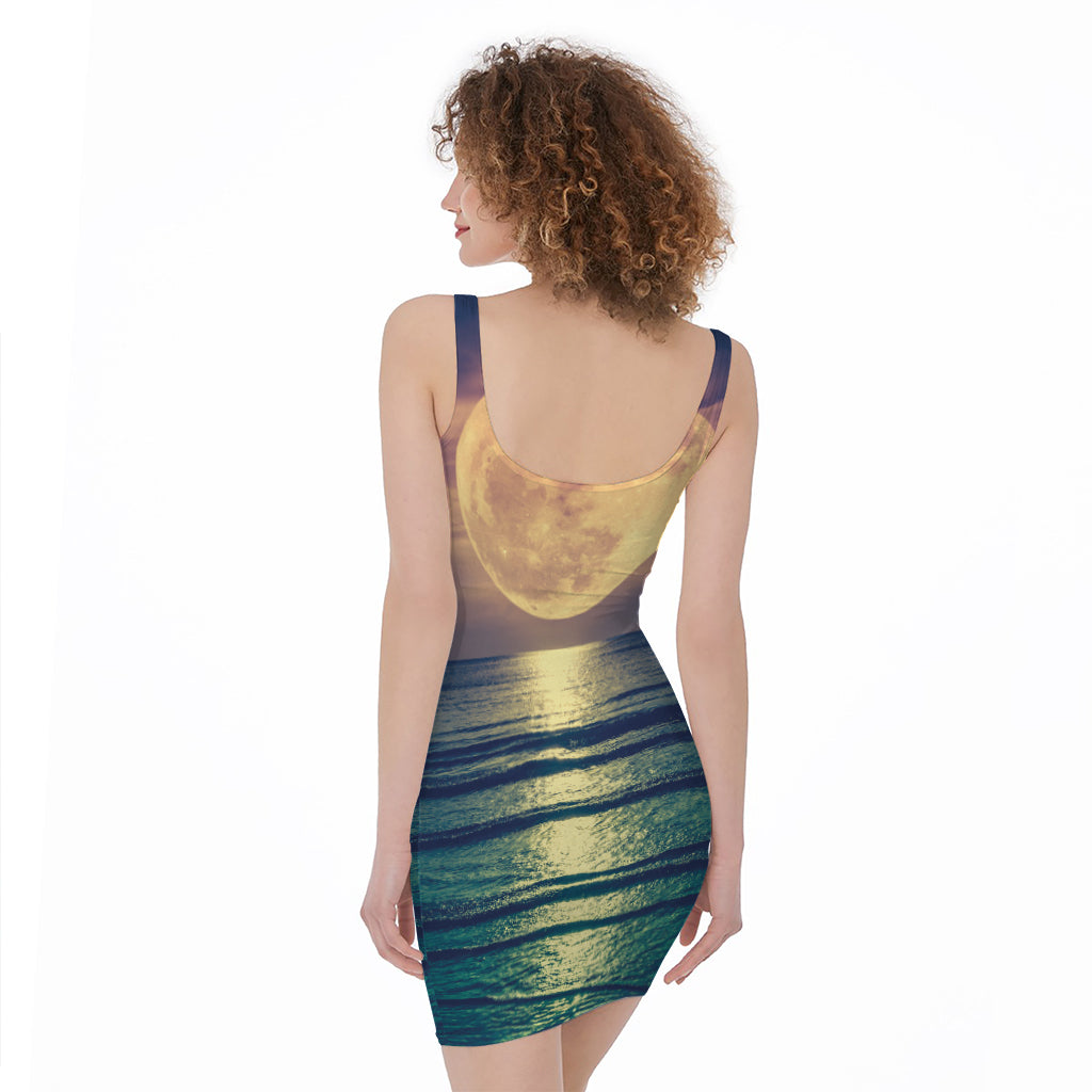 Moon Beach Print Sleeveless Bodycon Dress