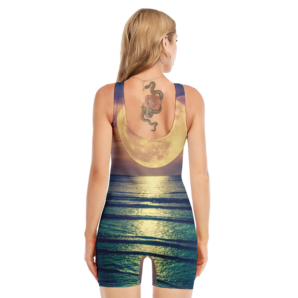 Moon Beach Print Sleeveless One Piece Swimsuit