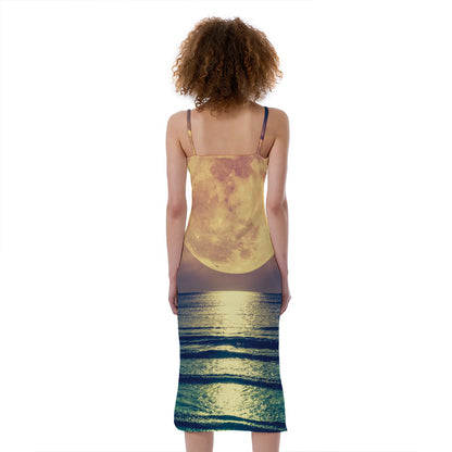 Moon Beach Print Slim Fit Midi Cami Dress