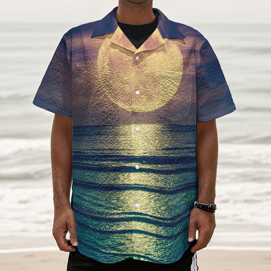 Moon Beach Print Textured Short Sleeve Shirt