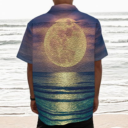 Moon Beach Print Textured Short Sleeve Shirt