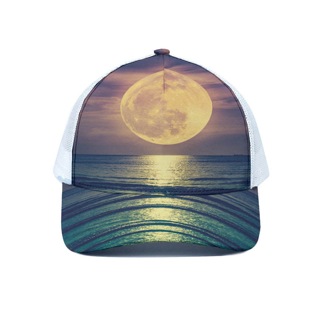 Moon Beach Print White Mesh Trucker Cap