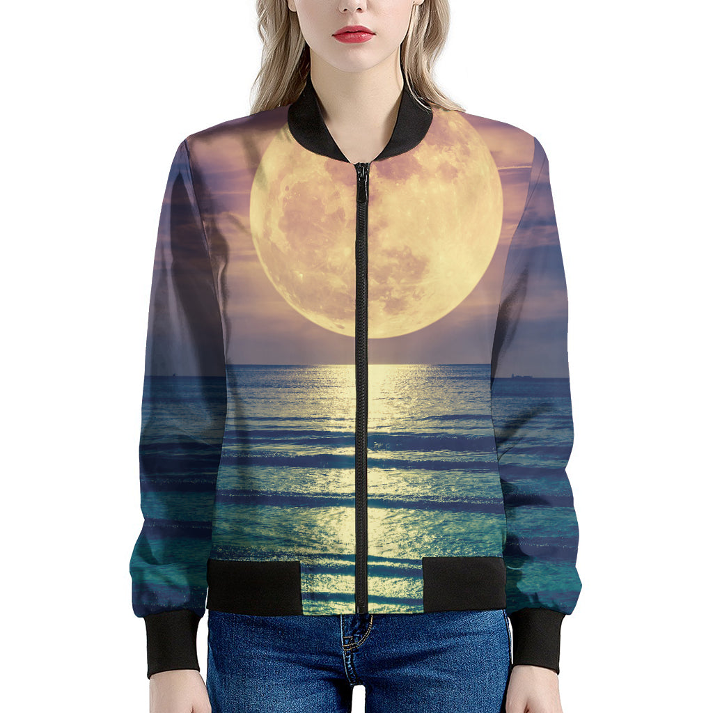 Moon Beach Print Women's Bomber Jacket