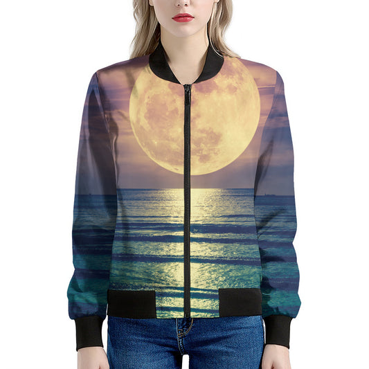 Moon Beach Print Women's Bomber Jacket