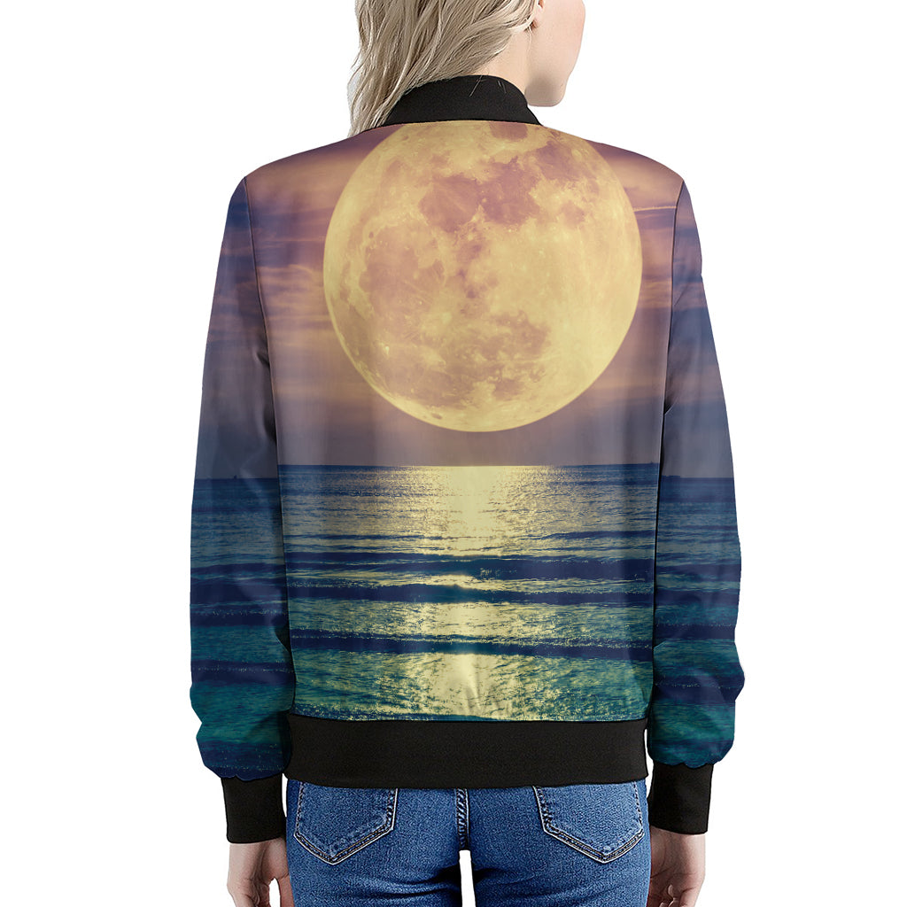 Moon Beach Print Women's Bomber Jacket