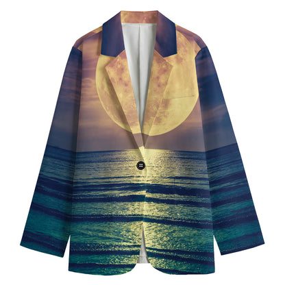 Moon Beach Print Women's Cotton Blazer