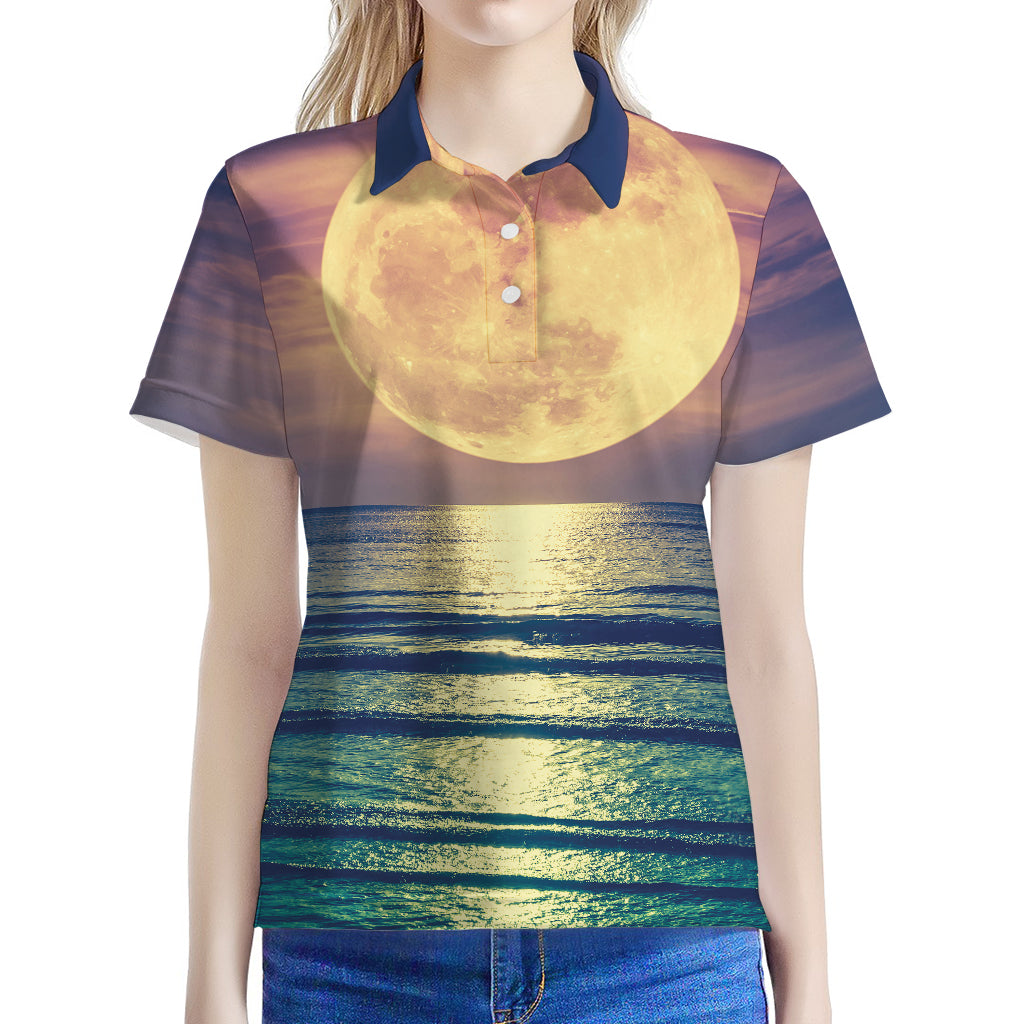 Moon Beach Print Women's Polo Shirt