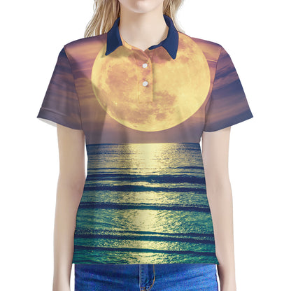 Moon Beach Print Women's Polo Shirt