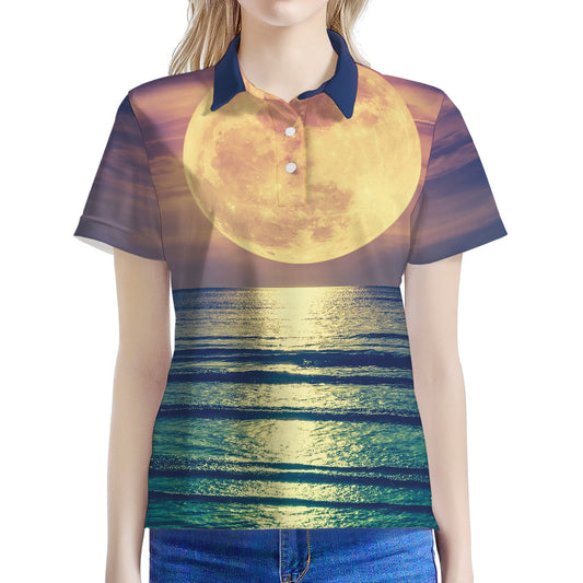 Moon Beach Print Women's Polo Shirt