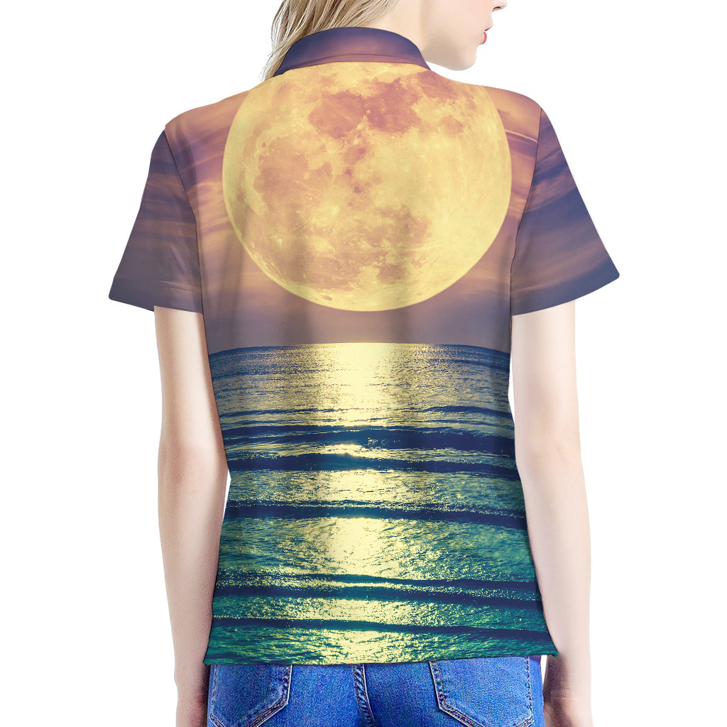 Moon Beach Print Women's Polo Shirt