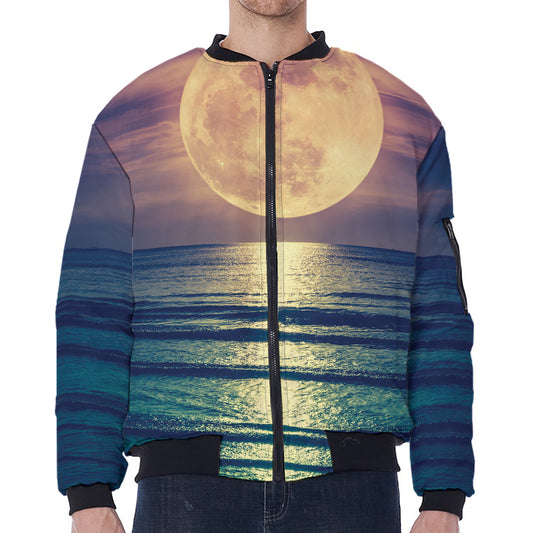Moon Beach Print Zip Sleeve Bomber Jacket