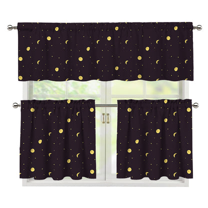 Moon Phase And Stars Pattern Print 3 Piece Kitchen Curtains